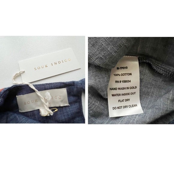 NWT Souk Indigo Hand Embroidered Chambray Top Ruffle V Neck 3/4 Sleeve Pull Over - Picture 11 of 11